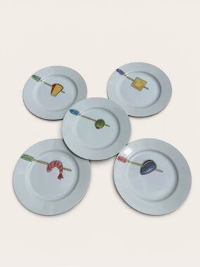 Nancy Green Crate & Barrel Tidbits Plates Set of 5 Appetizer Sushi Seafood 6.5”